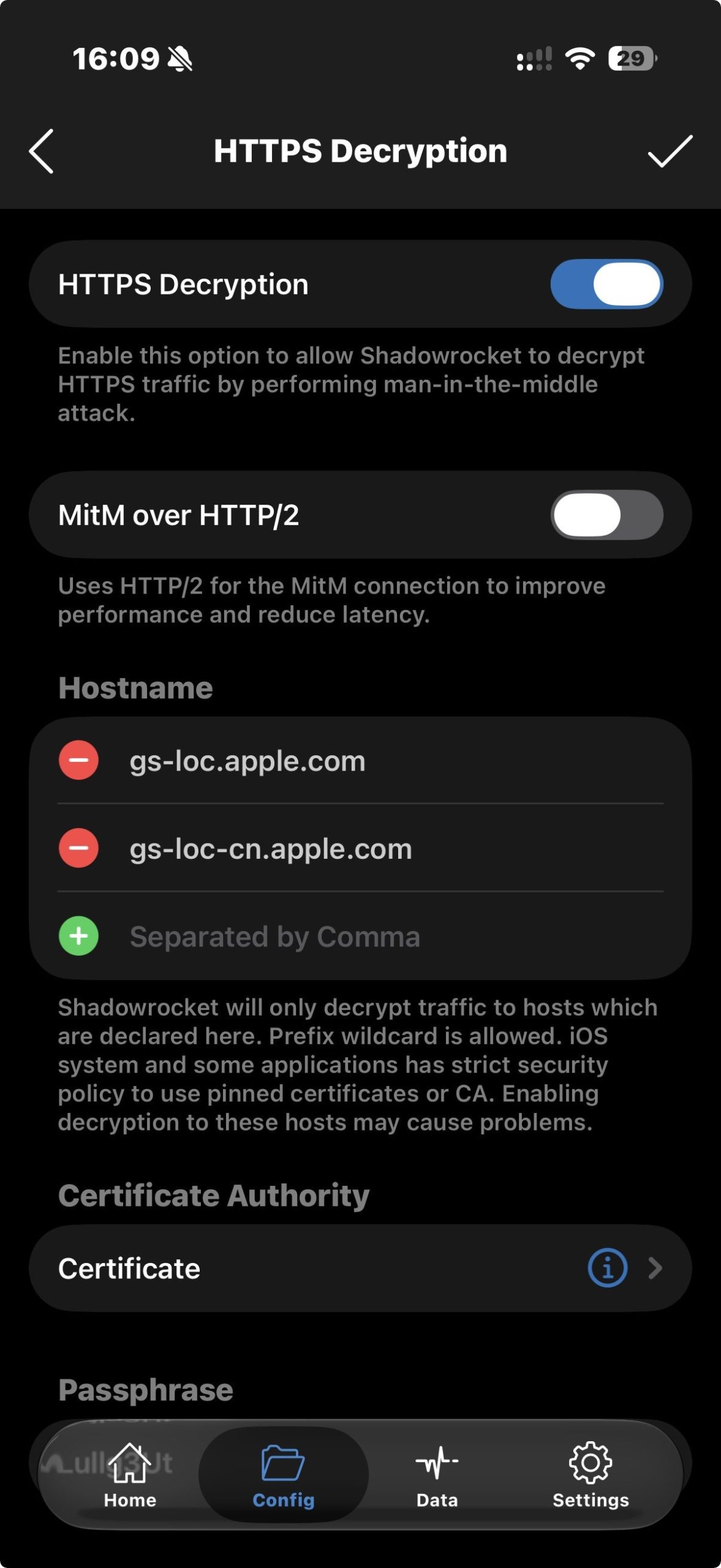 Shadowrocket HTTPS 解密和 Hostname 设置页面
