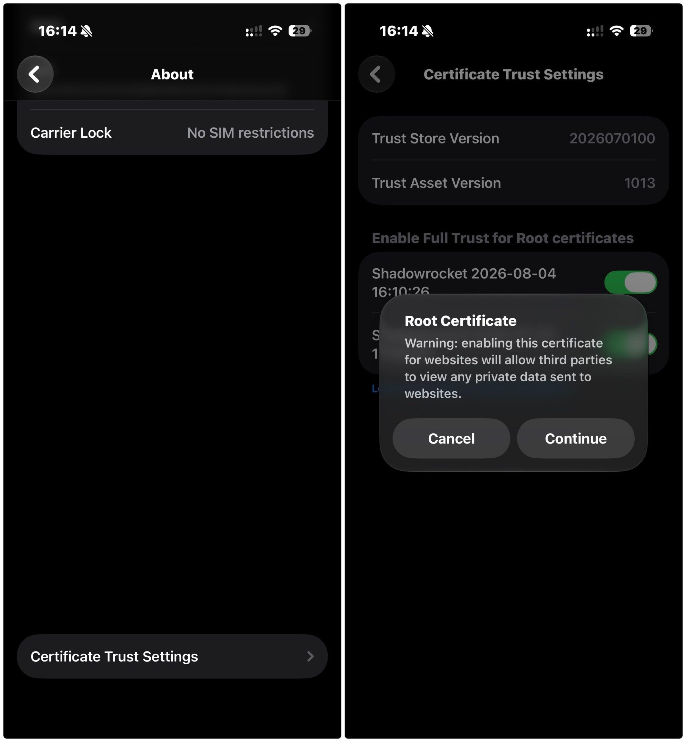 iPhone 证书信任设置页面