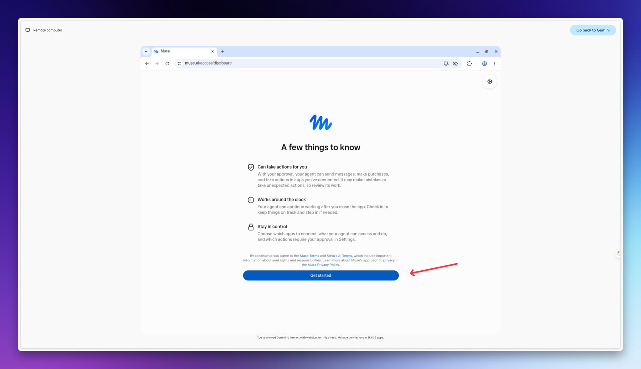 在远程浏览器打开 muse.ai/join,进入注册须知「A few things to know」